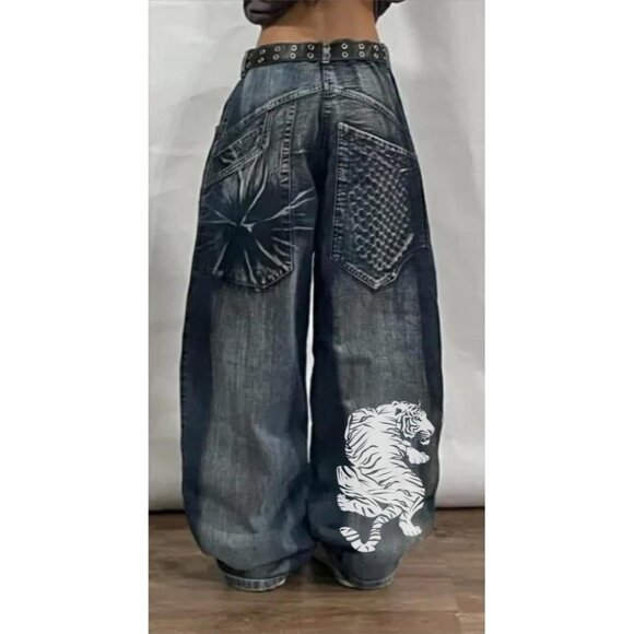 Unisex Y2K Gothic Print Wide Leg Baggy Jeans Vintage High Waist Denim - Picture 2 of 6